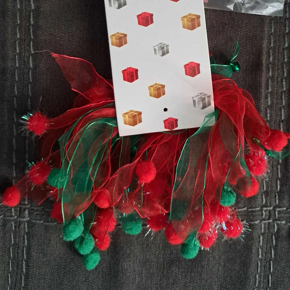 Festive Red and Green Pom Pom Ponytail